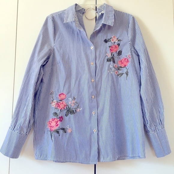 HAUTE MONDE Y2K Blue White Stripe Embroidered Floral Long Sleeve Button Up Shirt - Picture 1 of 16